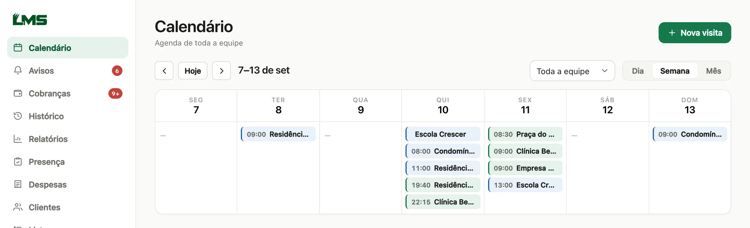 Calendário semanal da equipe no sistema LMS, com visitas por dia